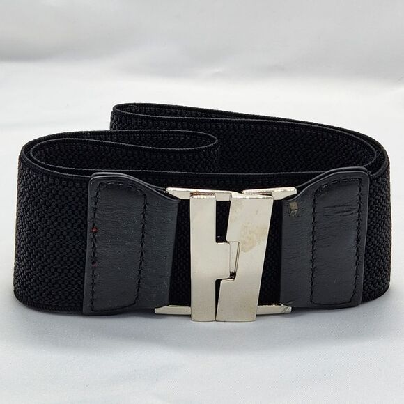 🔸️Black & Silver Wide Waist Elastic Belt Small - Picture 3 of 6